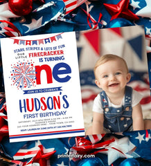 Firecracker 1st Birthday Invitation, 4th of July, Editable Template (Digital Download)