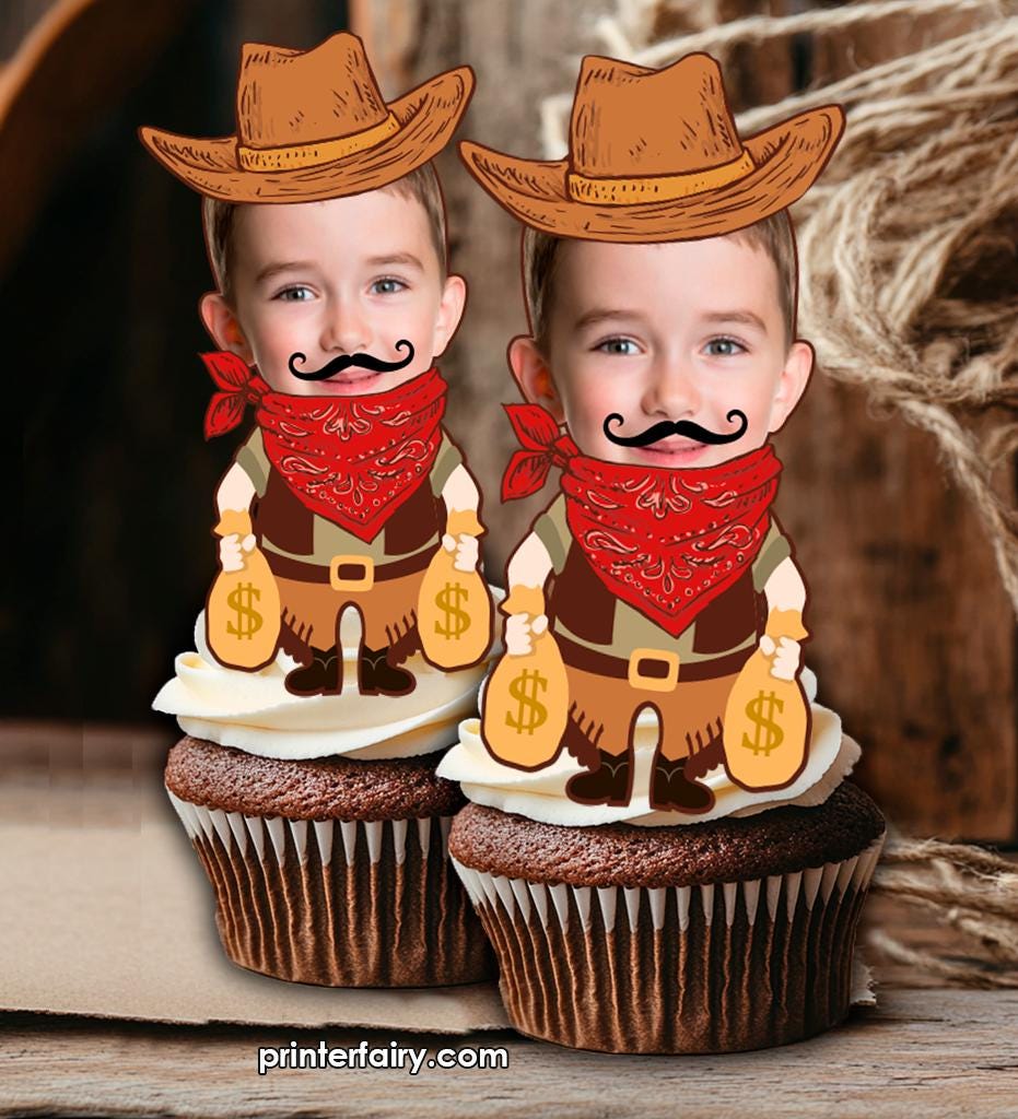 Western Personalized Toppers or Stickers with your Photo, Party Printable Decorations
