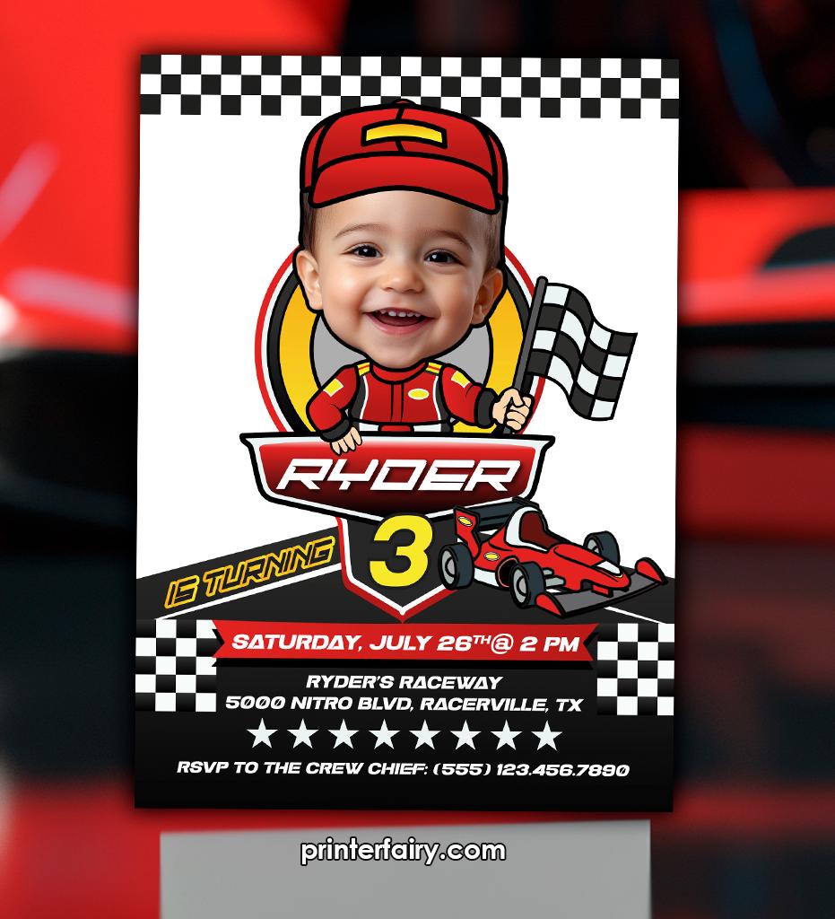 Racing Car Birthday Invitation, Personalized Photo, Any Age (Digital Printable)