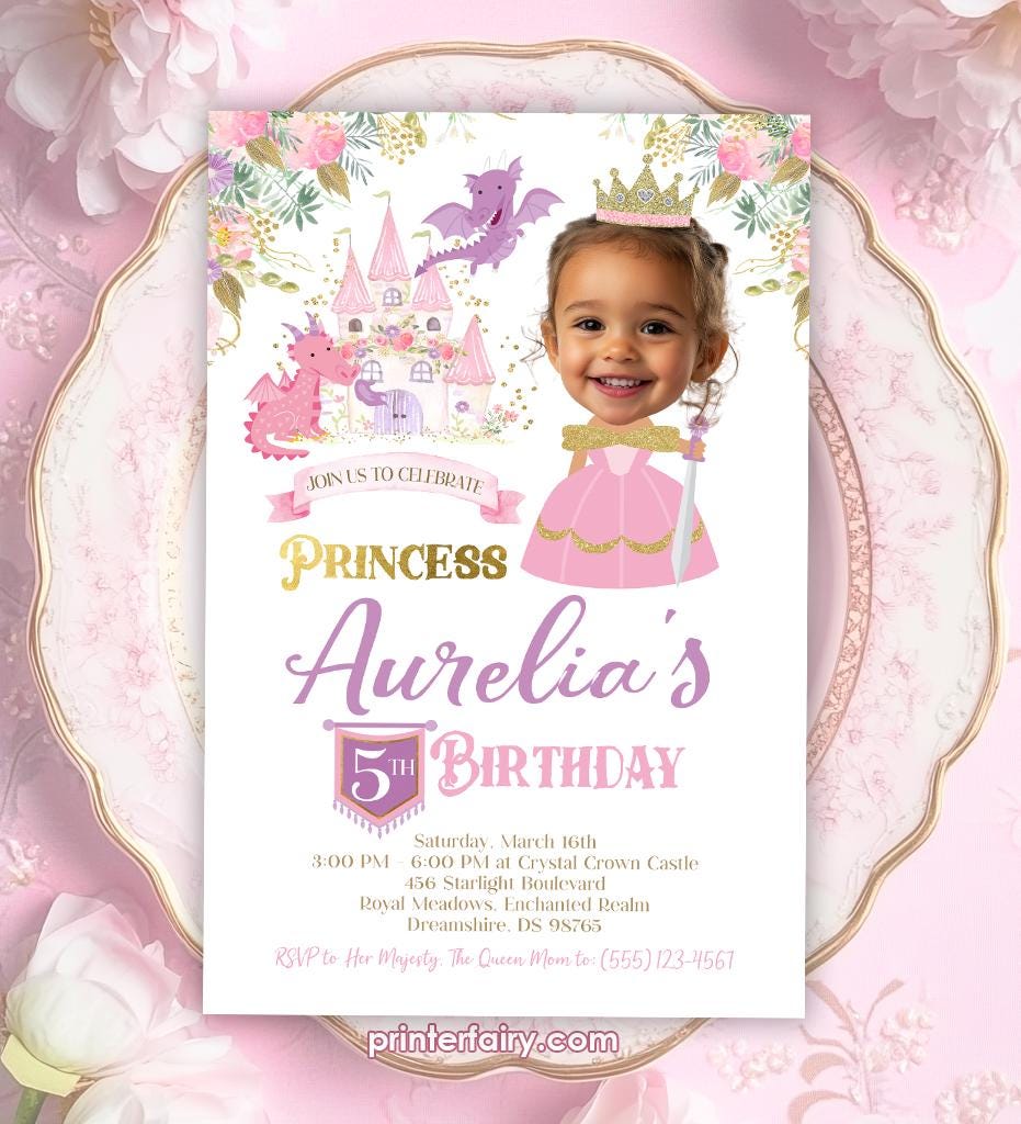 Princess Dragon Birthday Invitation, Royal Castle Party (Digital)