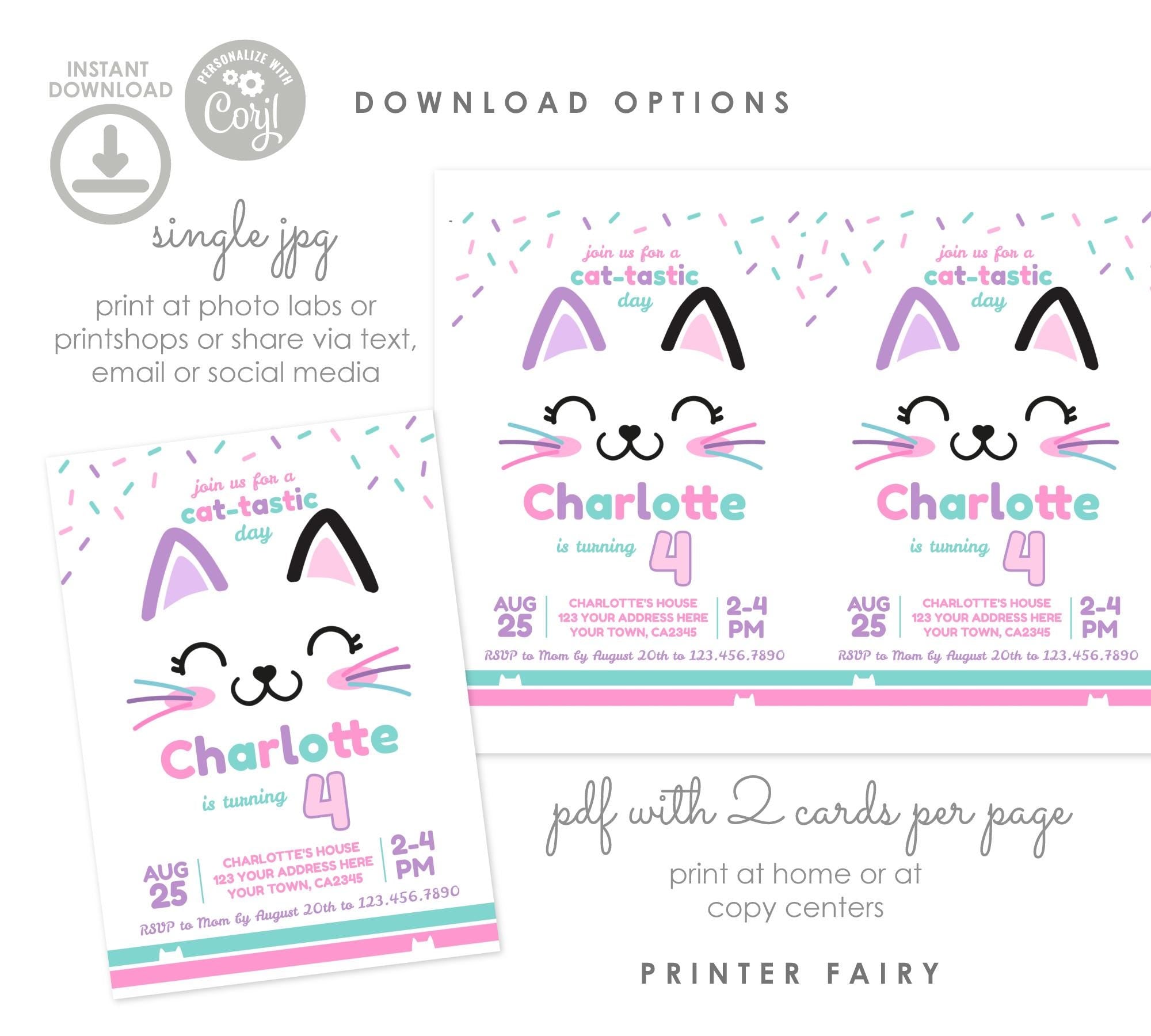 Kitty Birthday Party Invitation, Cat-Tastic, Editable Template (Digital Download)