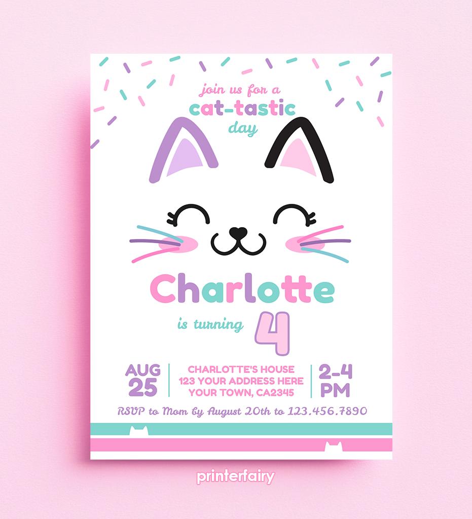 Kitty Birthday Party Invitation, Cat-Tastic, Editable Template (Digital Download)