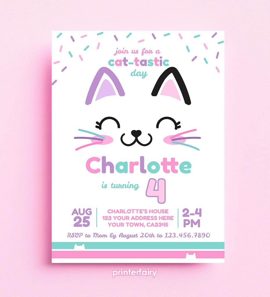 Kitty Birthday Party Invitation, Cat-Tastic, Editable Template (Digital Download)