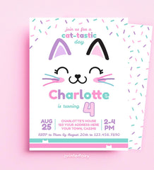 Kitty Birthday Party Invitation, Cat-Tastic, Editable Template (Digital Download)
