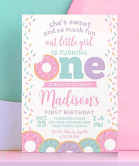 Donut First Birthday Invitation, Sweet One Party Template (Digital Download)