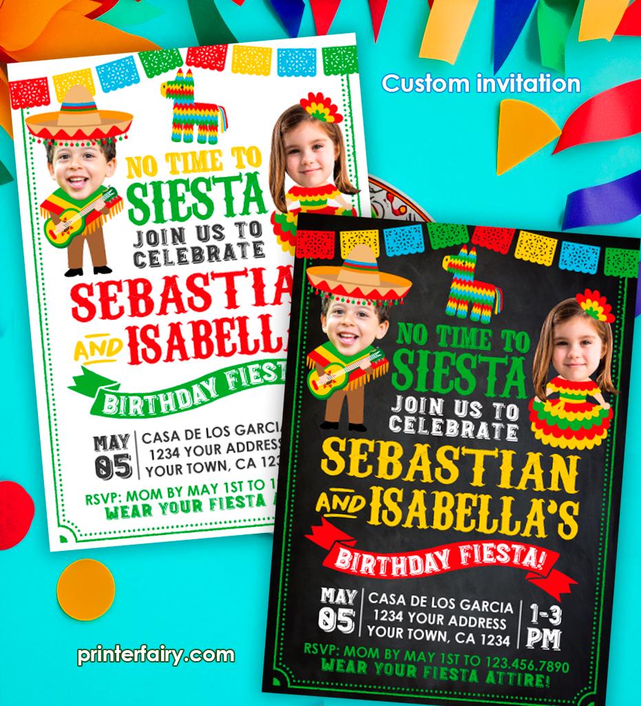 Fiesta Birthday Invitation with Photo, Sibling Joint Party (Digital Invitation)