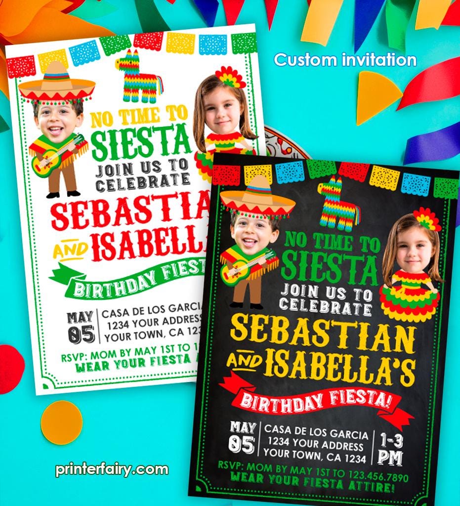 Fiesta Birthday Invitation with Photo, Sibling Joint Party (Digital Invitation)