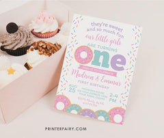Donut Twins 1st Birthday Invitation, Sprinkles Party (EDITABLE)