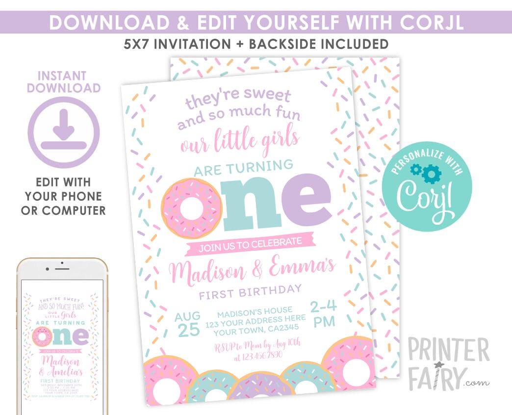 Donut Twins 1st Birthday Invitation, Sprinkles Party (EDITABLE)
