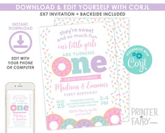 Donut Twins 1st Birthday Invitation, Sprinkles Party (EDITABLE)