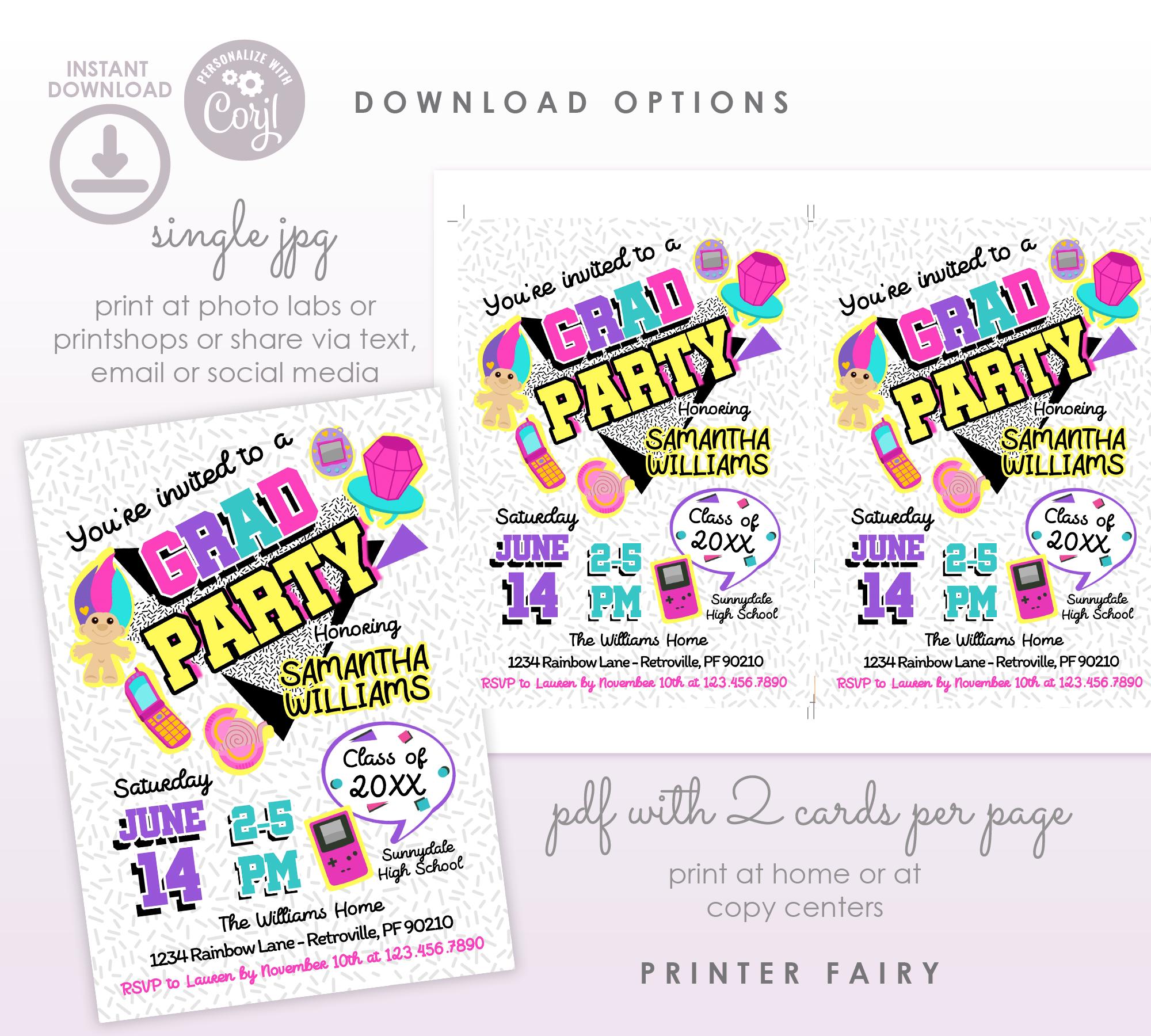 Graduation Invitation Editable Template 90s Grad Party Digital or Printable Invitation, Instant Download