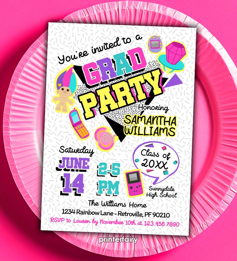 Graduation Invitation Editable Template 90s Grad Party Digital or Printable Invitation, Instant Download