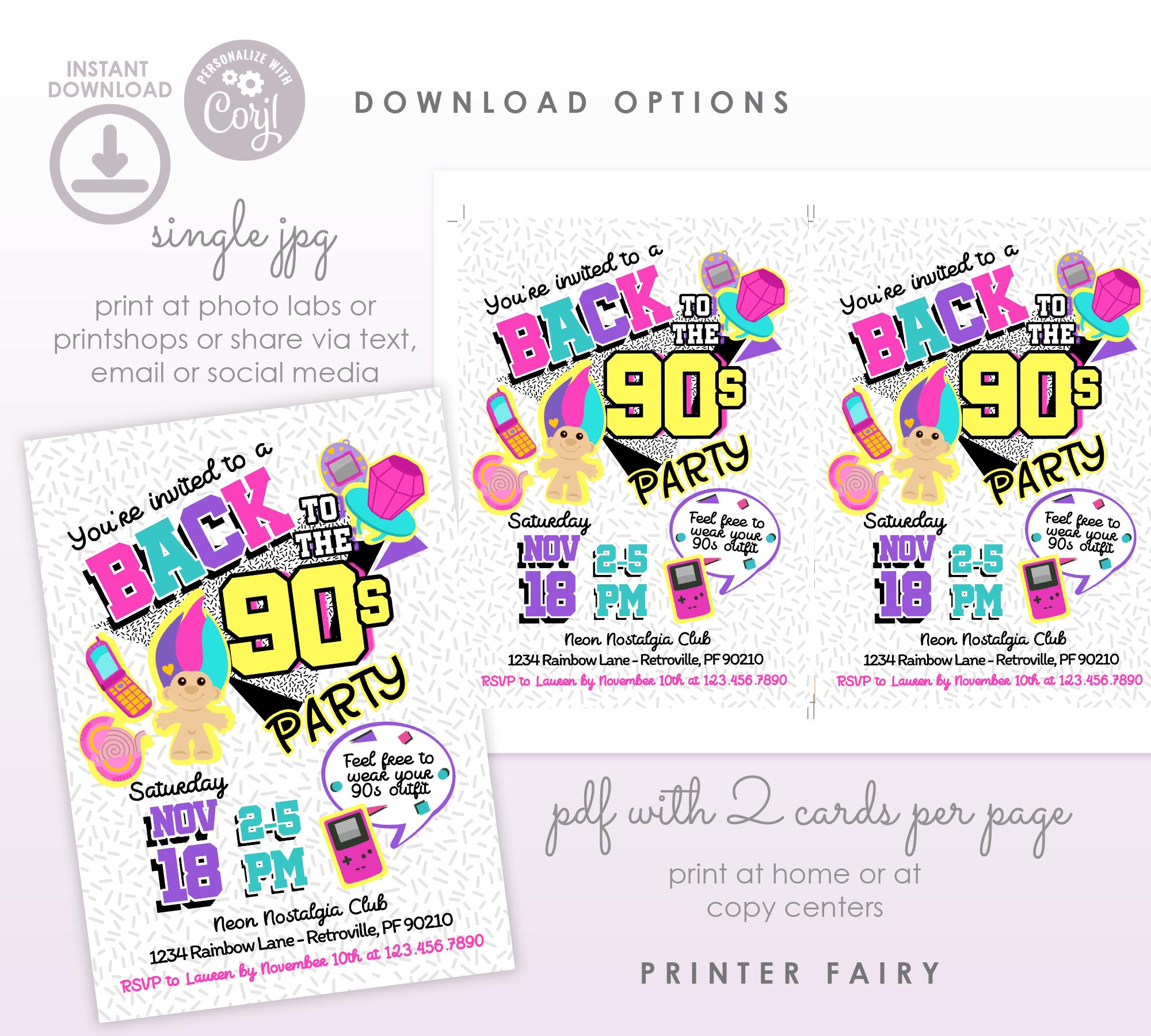 90s Party Invitation Template, Nostalgia Design (Digital Download)