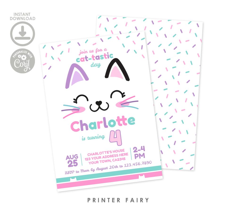 Kitty Birthday Party Invitation, Cat-Tastic, Editable Template (Digital Download)