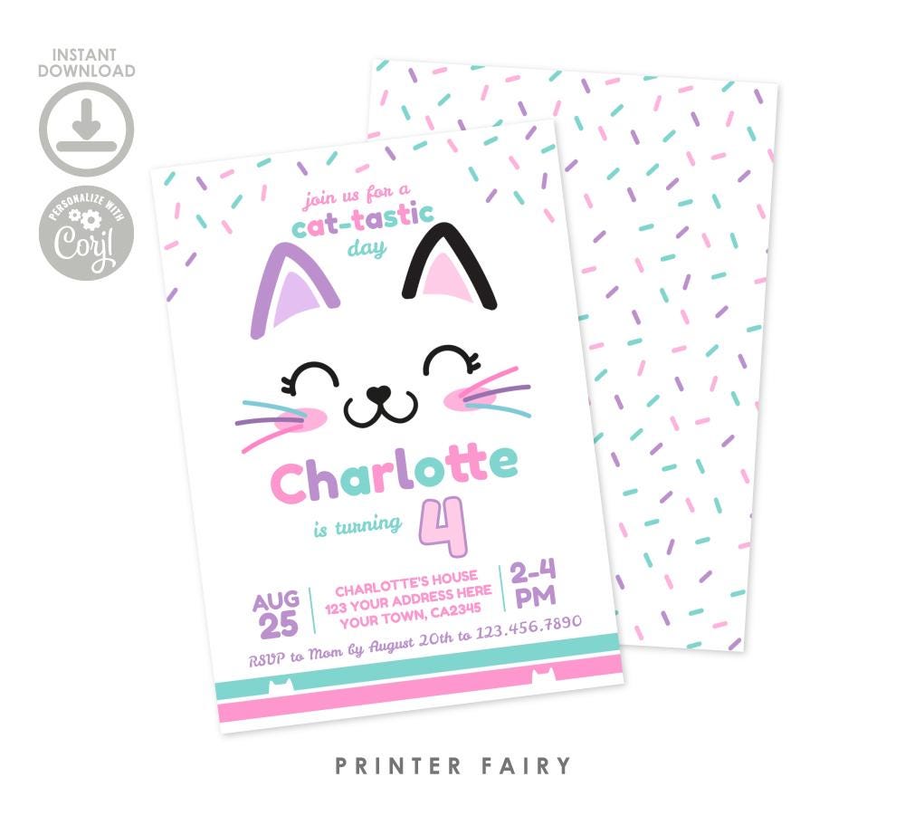Kitty Birthday Party Invitation, Cat-Tastic, Editable Template (Digital Download)