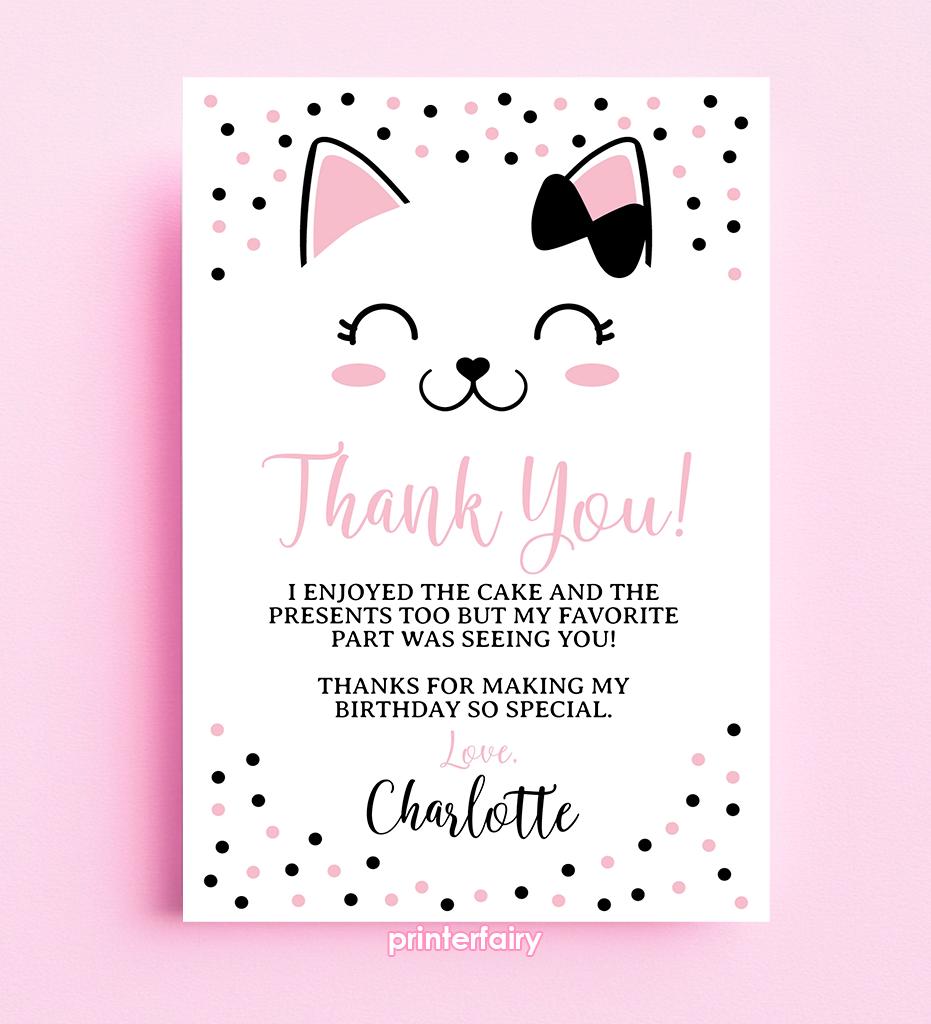 Kitty Cat Thank You Cards, EDITABLE, Birthday Party (Digital Download)