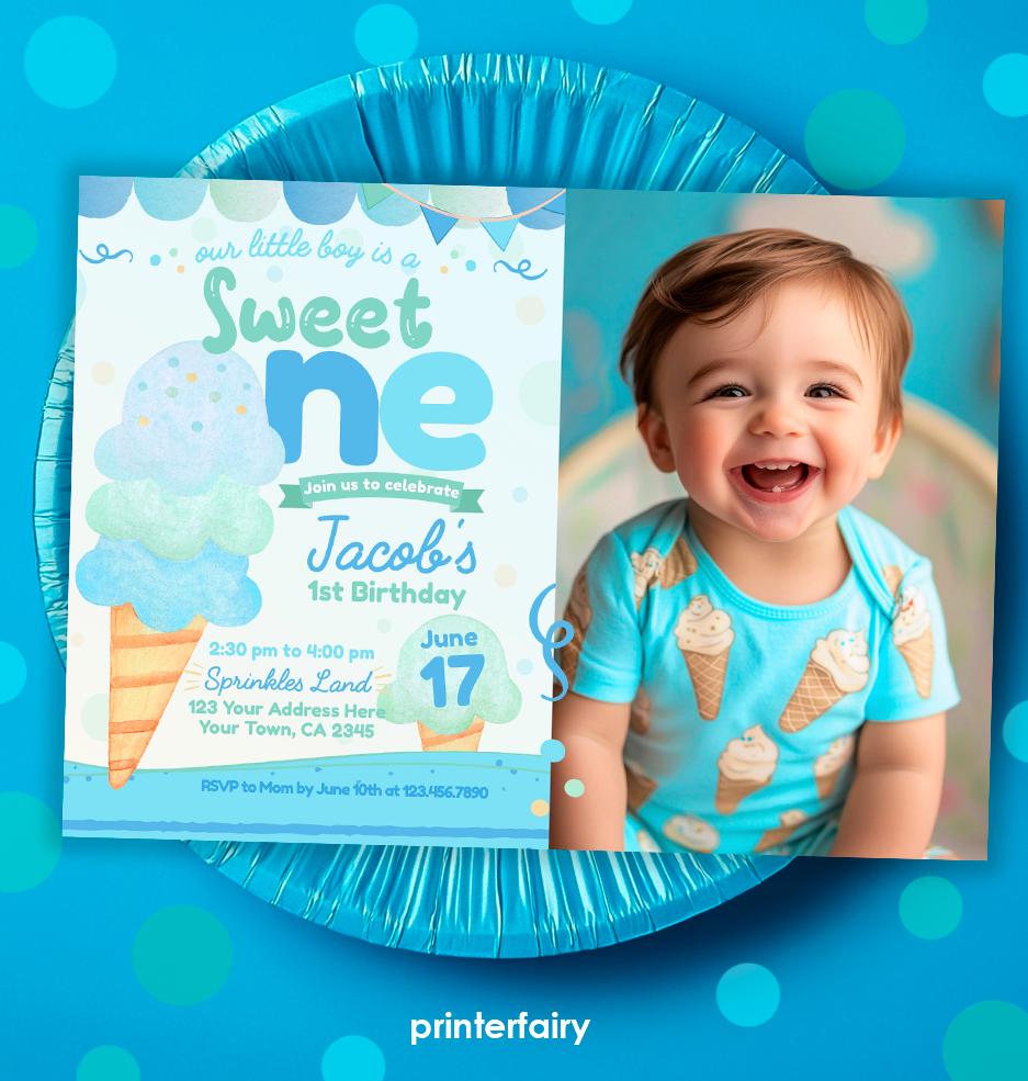 Ice Cream First Birthday Invitation Template, Photo Editable (Instant Download)