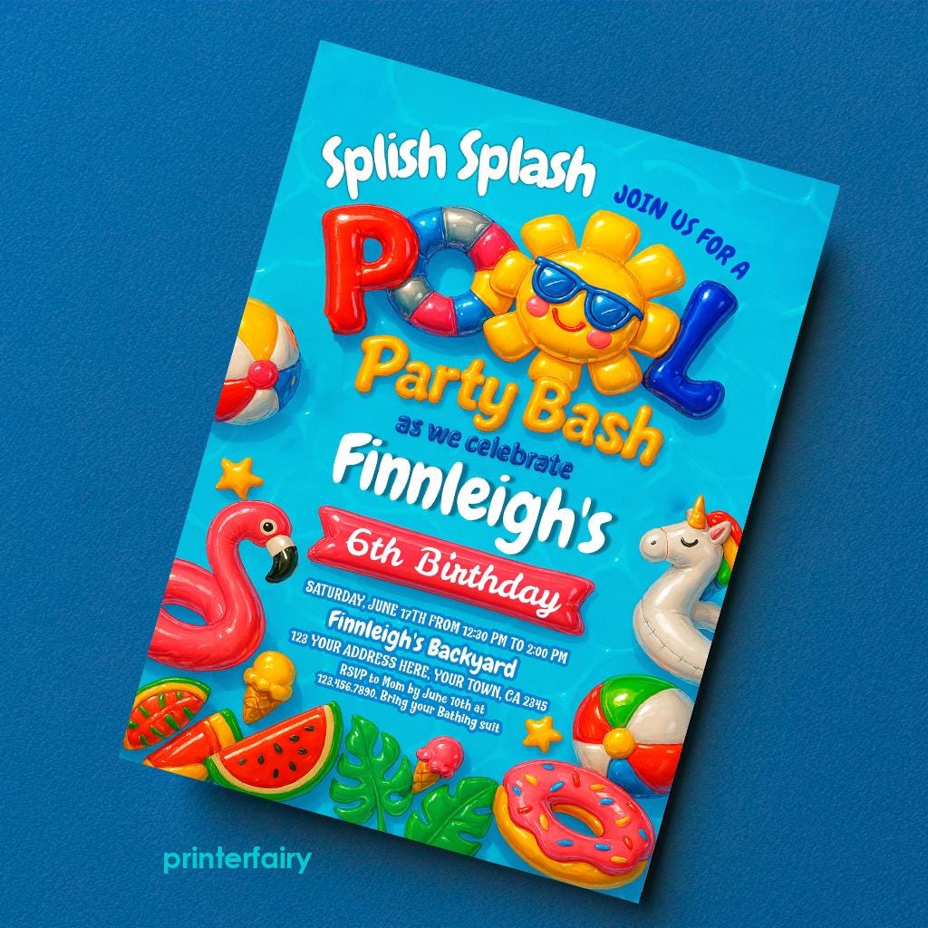 Pool Party Birthday Invitation, Splish Splash, Editable Template (Digital Download)