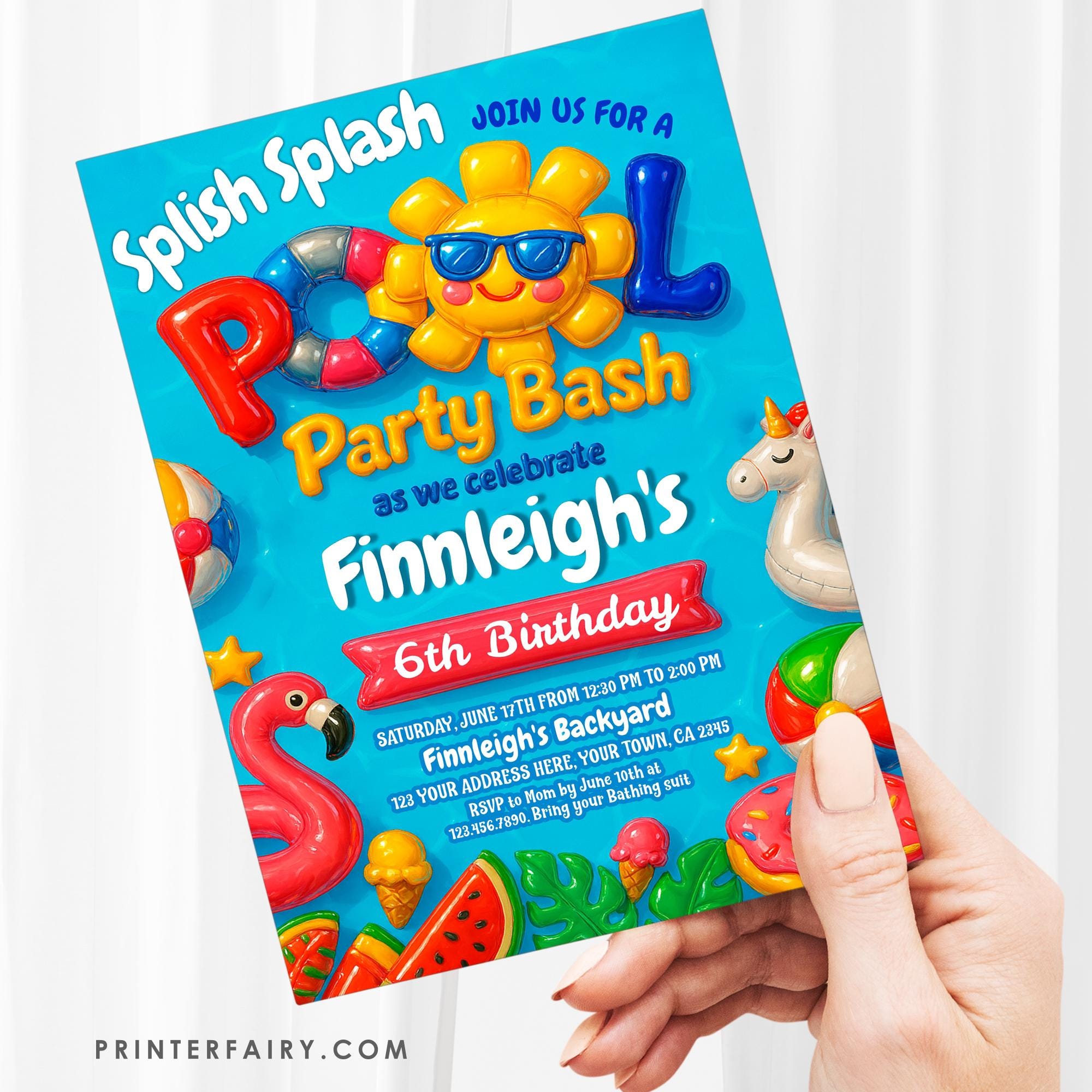 Pool Party Birthday Invitation, Splish Splash, Editable Template (Digital Download)
