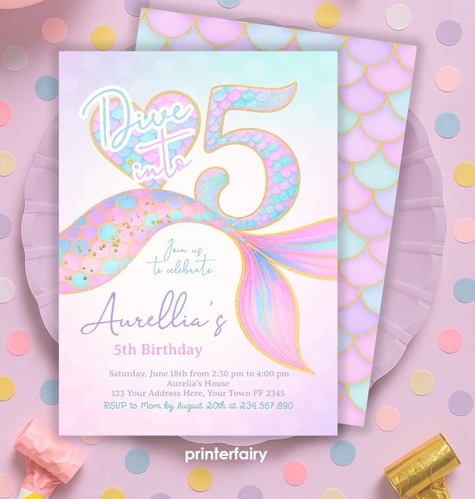 Mermaid 5th Birthday Invitation, Under the Sea Party (Digital Download)