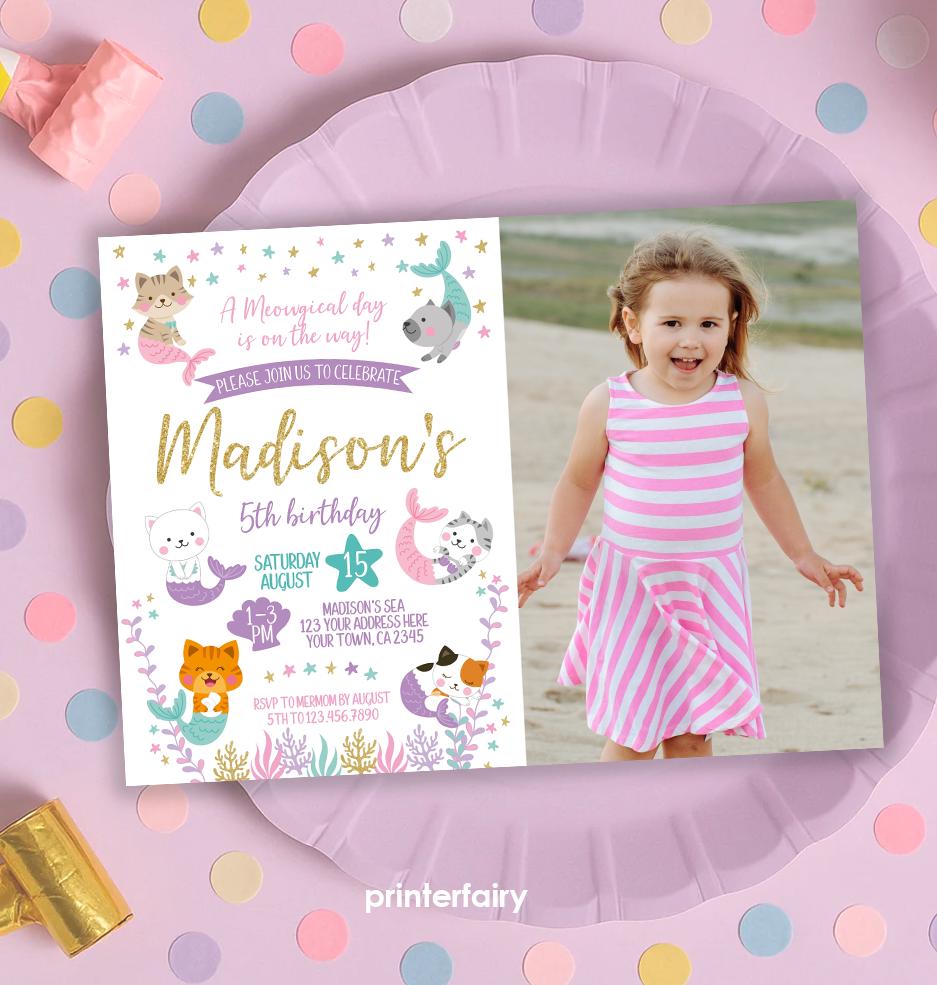 Mercat Birthday Invitation with Photo, Editable Meowmaid Kitty Invite (Instant Download)