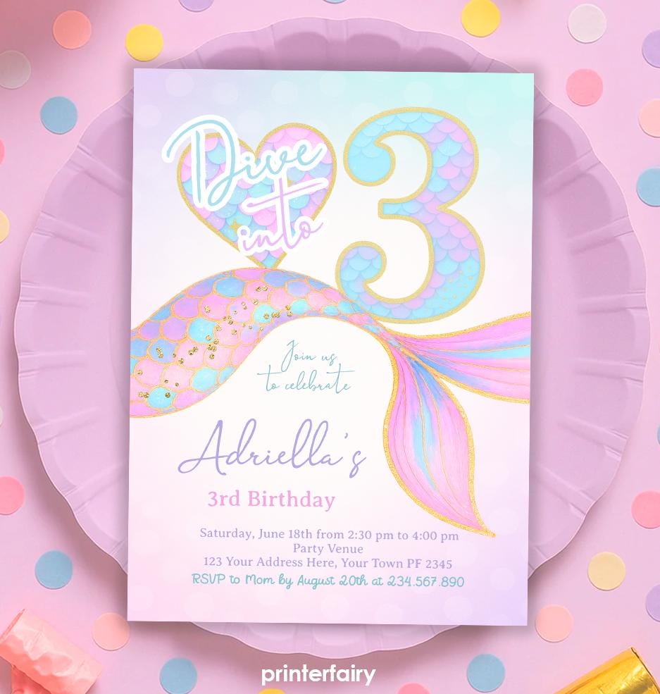 Mermaid 3rd Birthday Invitation, Under the Sea Party (Digital Download)