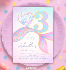 Mermaid 3rd Birthday Invitation, Under the Sea Party (Digital Download)