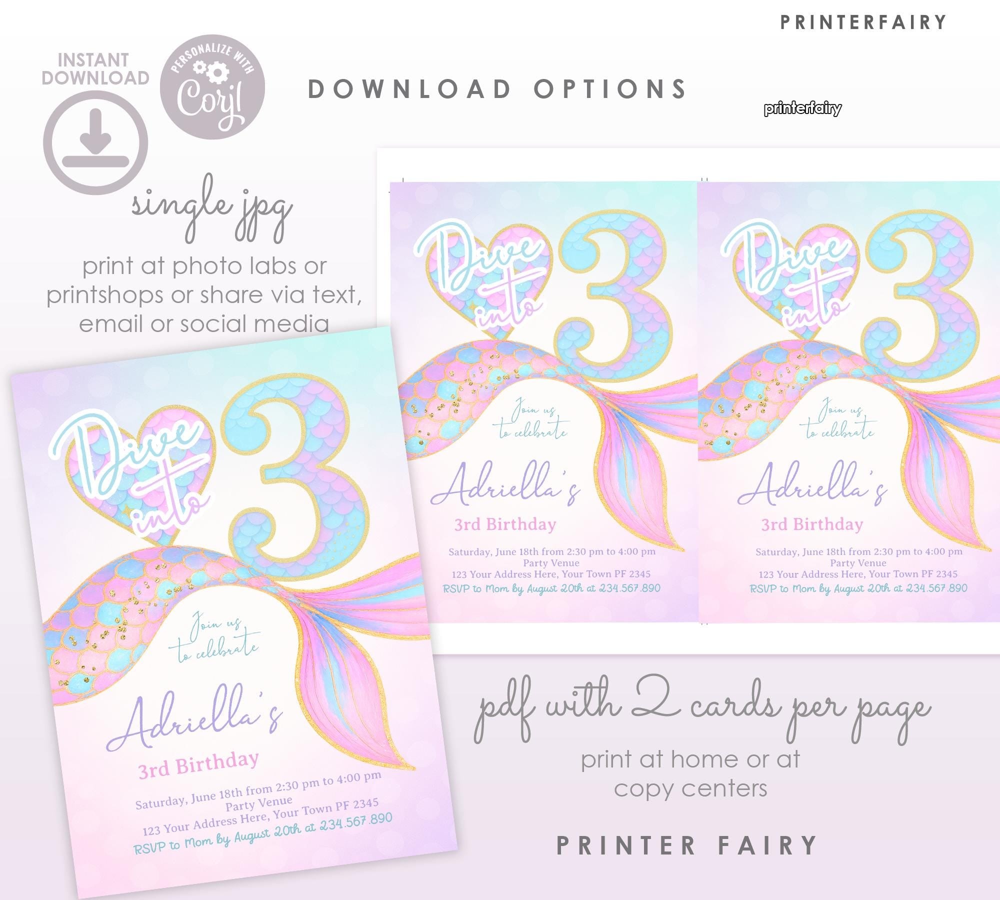 Mermaid 3rd Birthday Invitation, Under the Sea Party (Digital Download)