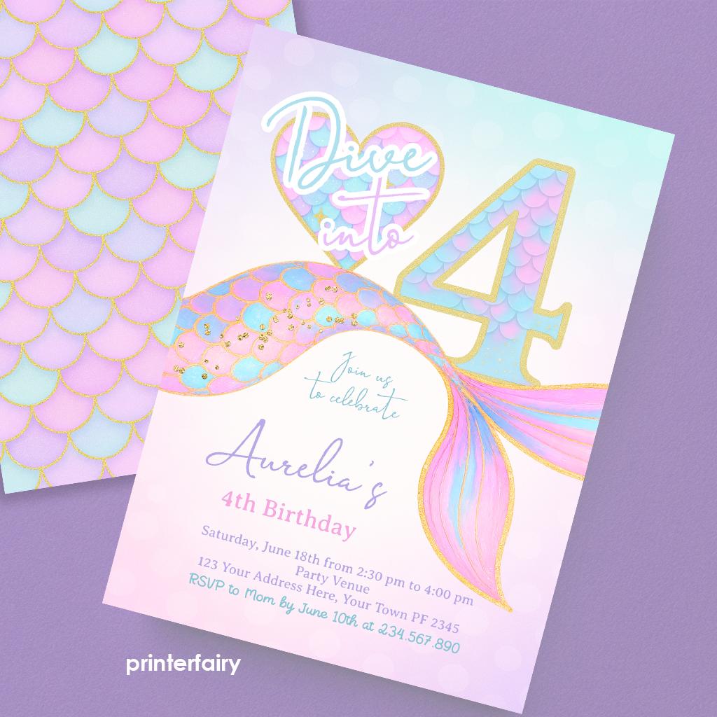Mermaid 4th Birthday Invitation Editable Template, Under the Sea Party (Digital Download)