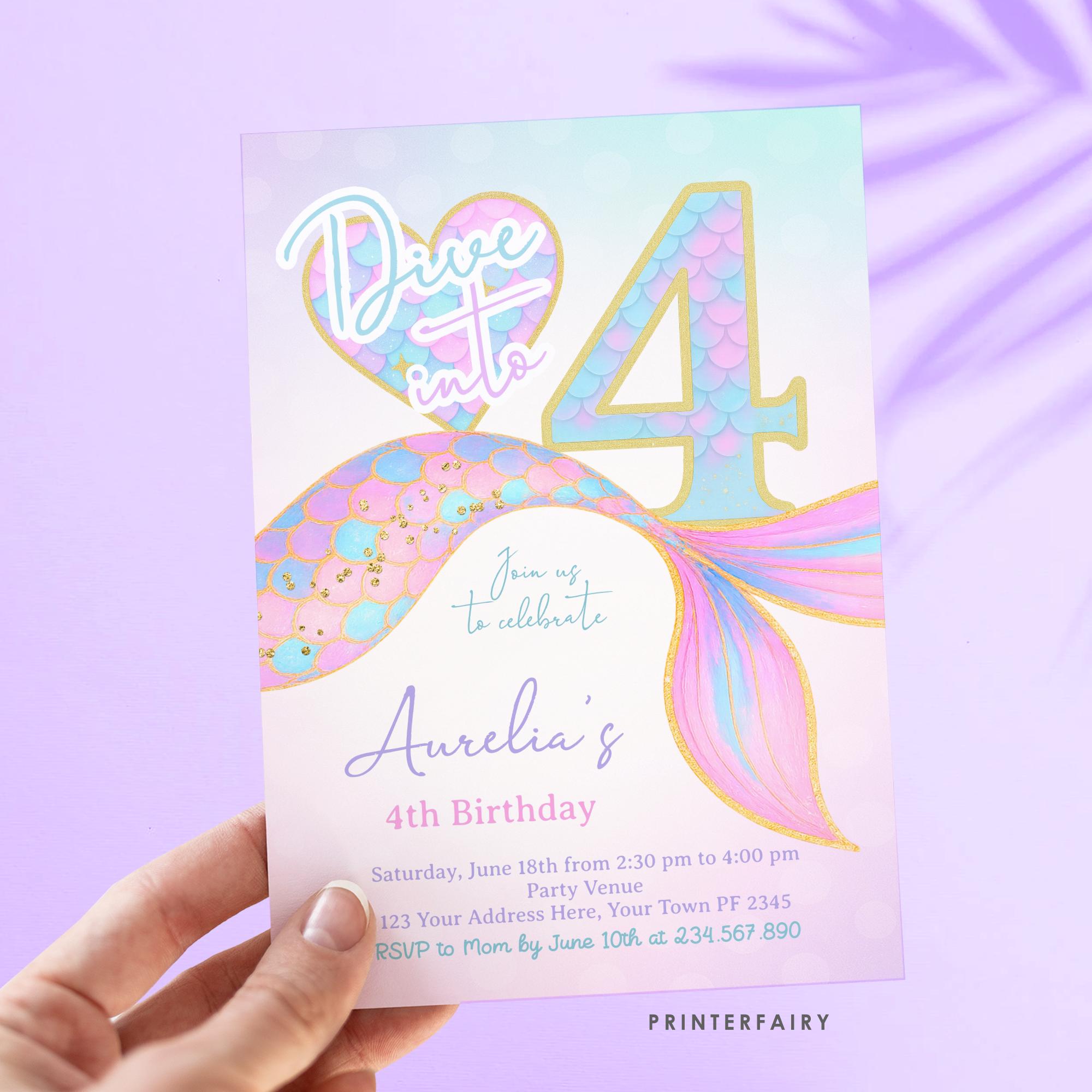 Mermaid 4th Birthday Invitation Editable Template, Under the Sea Party (Digital Download)