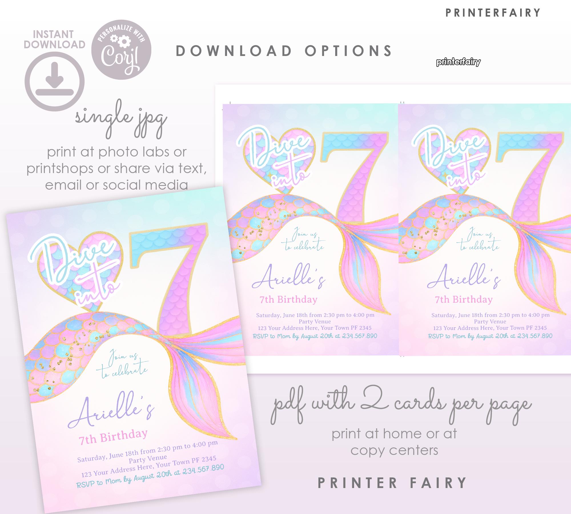 Mermaid 7th Birthday Invitation, Under the Sea Party (Instant Download)