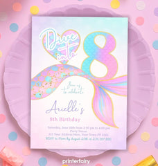 Mermaid 8th Birthday Invitation, Under the Sea Party (Editable Template, Digital Download)