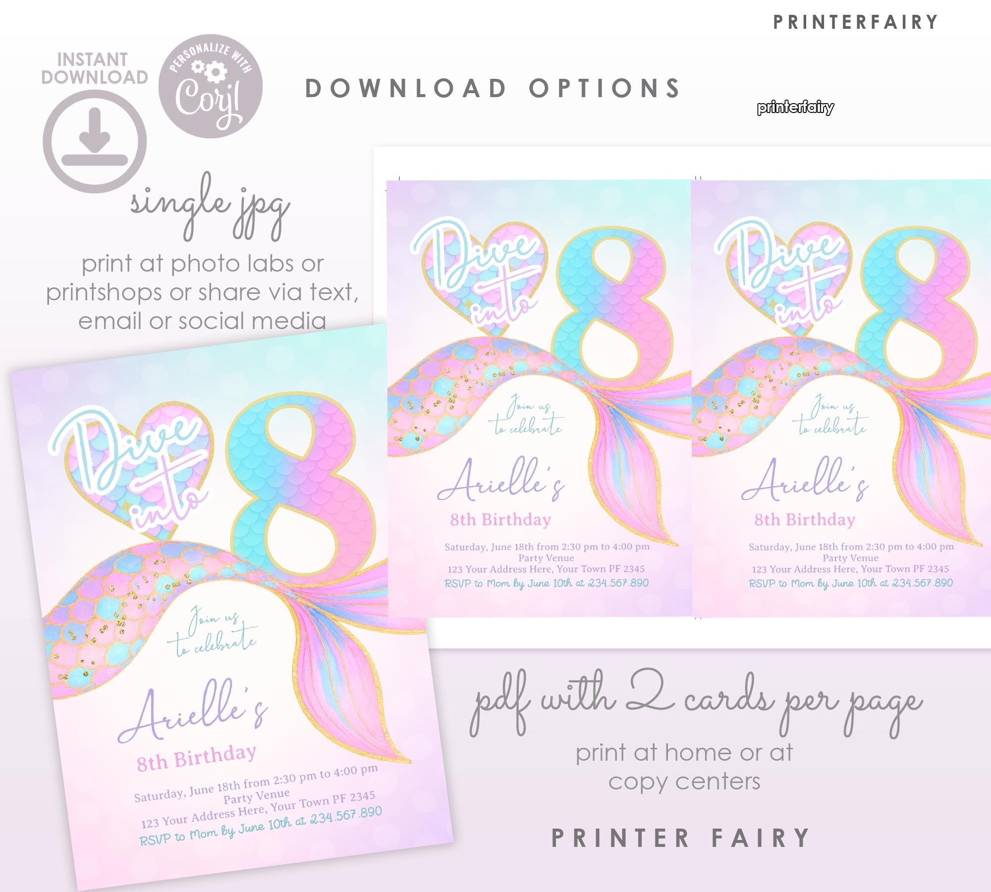 Mermaid 8th Birthday Invitation, Under the Sea Party (Editable Template, Digital Download)