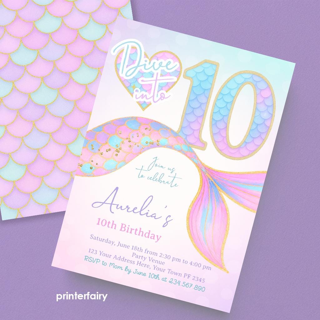 Mermaid 10th Birthday Invitation Template, Under the Sea Party (Digital Download)