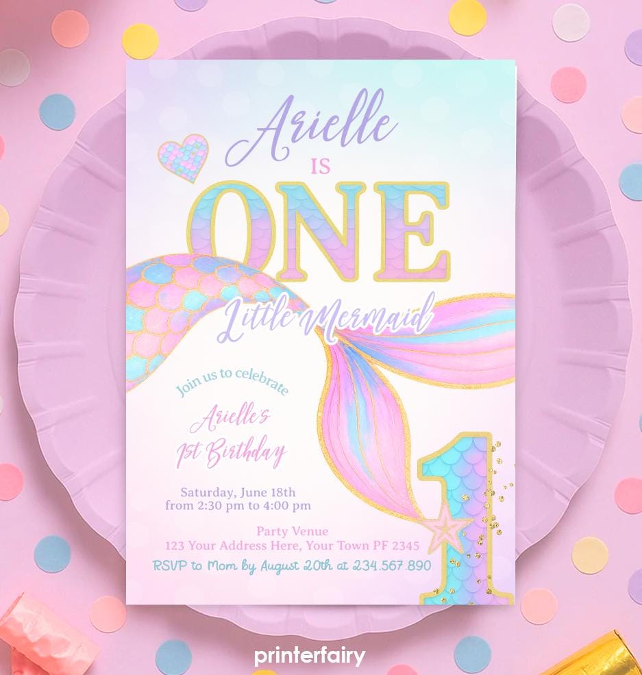 Mermaid 1st Birthday Invitation, Under the Sea Party (Digital Download)