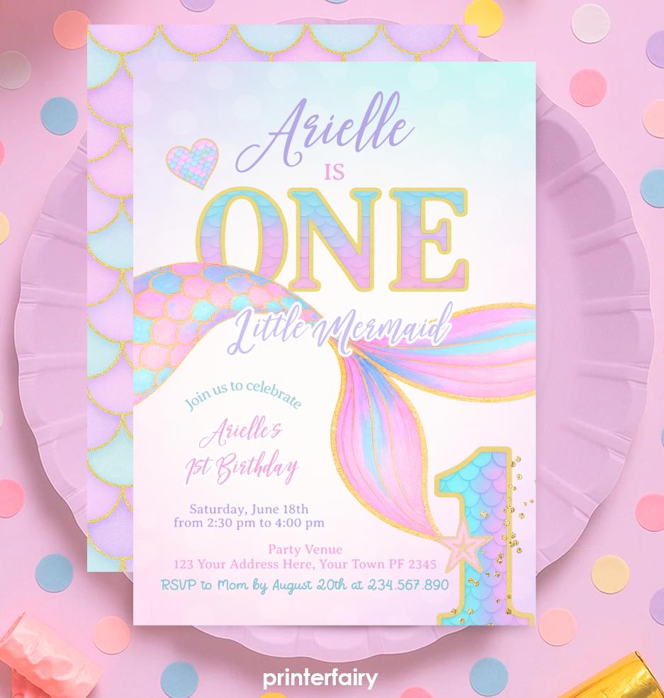 Mermaid 1st Birthday Invitation, Under the Sea Party (Digital Download)