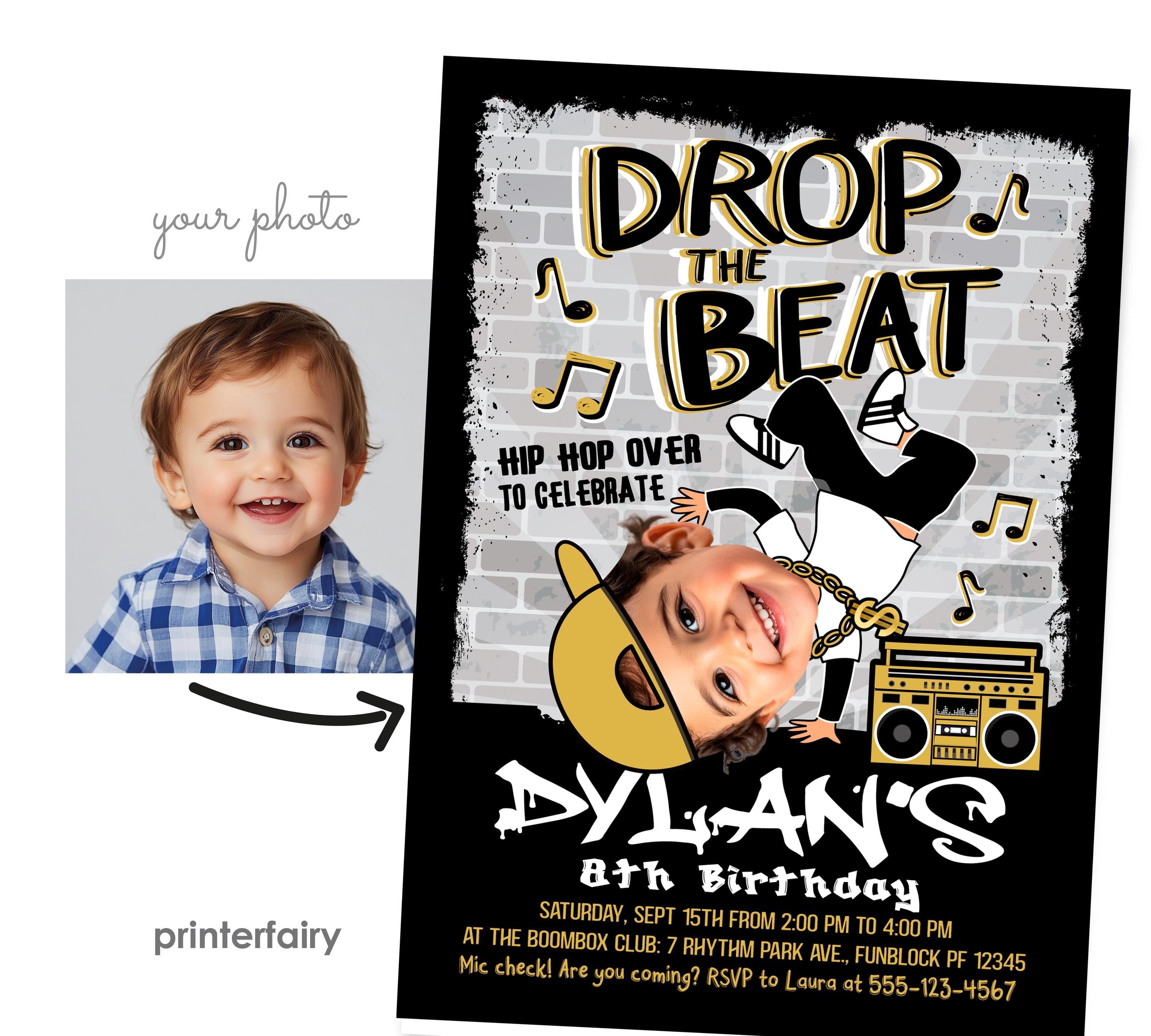 Personalized Hip Hop Birthday Photo Invitation, Graffiti Dance Party (Digital)