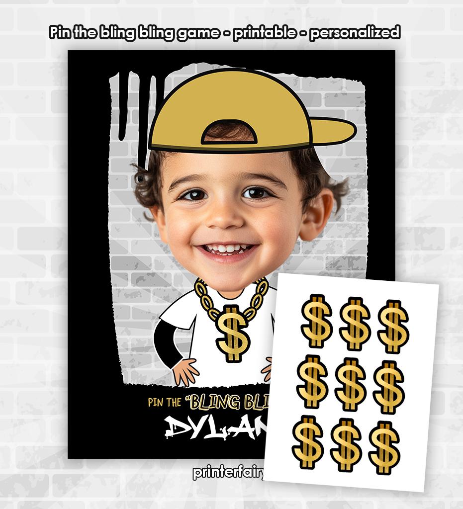Personalized Hip Hop Photo Game, Pin the Bling Bling Party Activity (Digital Download)