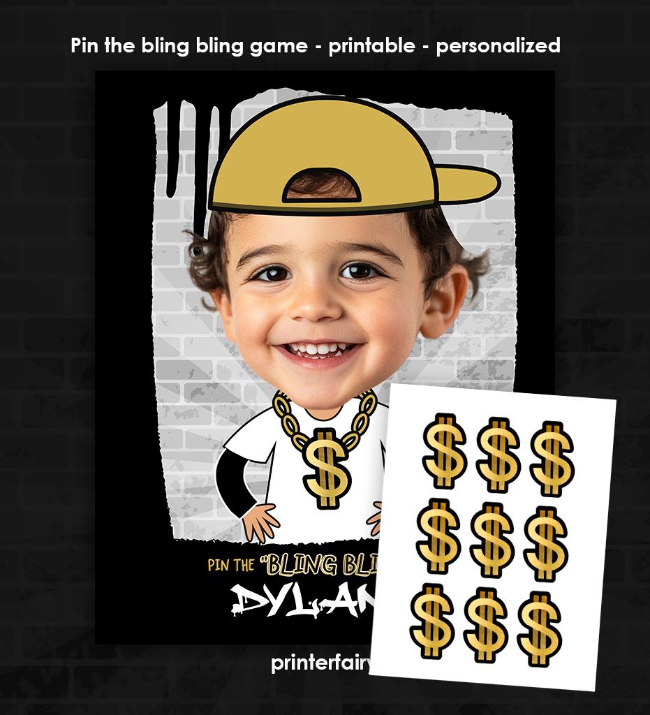 Personalized Hip Hop Photo Game, Pin the Bling Bling Party Activity (Digital Download)