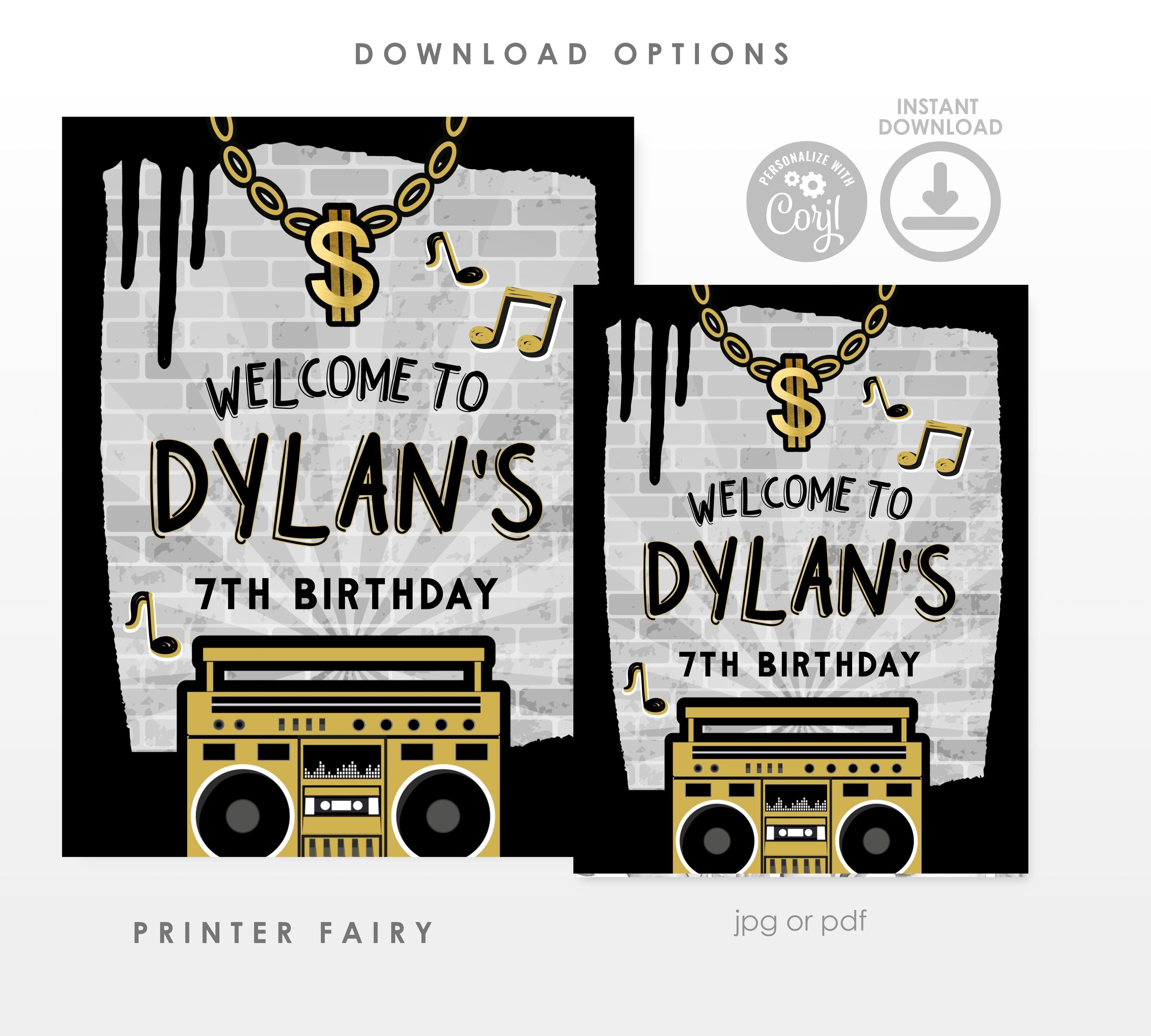 Hip Hop Birthday Welcome Sign, Graffiti Party Decor (Editable Template)