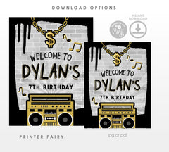 Hip Hop Birthday Welcome Sign, Graffiti Party Decor (Editable Template)