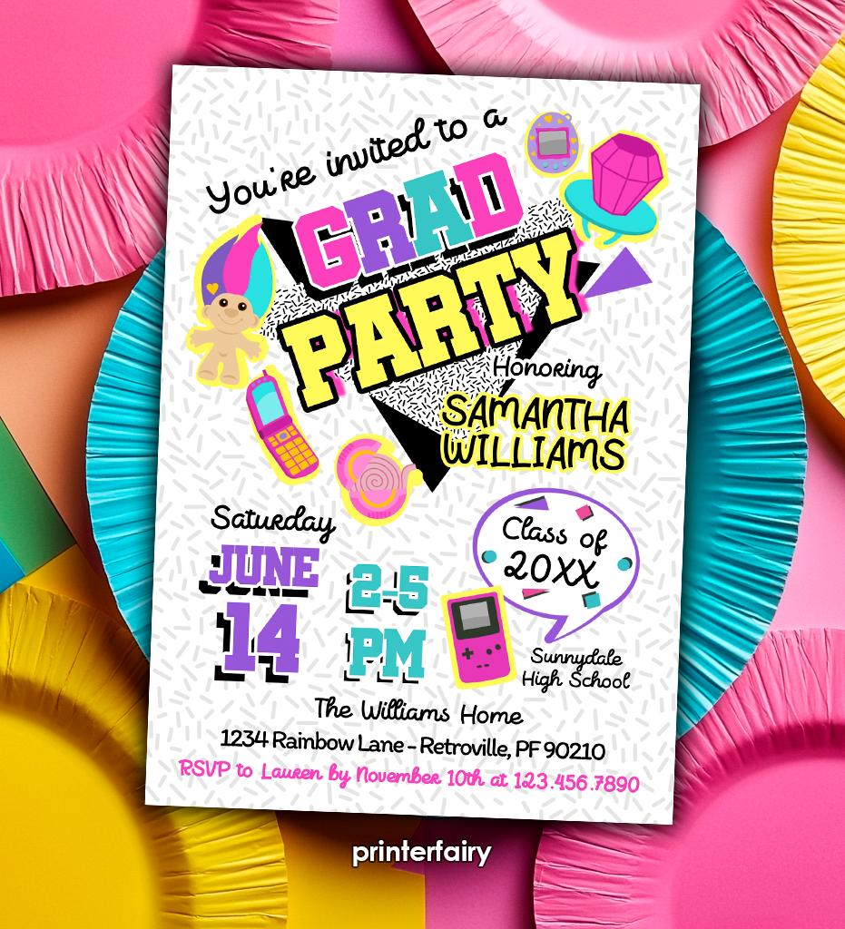 Graduation Invitation Editable Template 90s Grad Party Digital or Printable Invitation, Instant Download