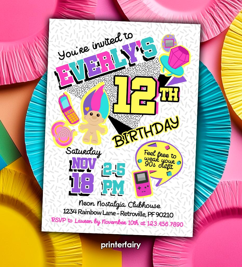 90s Birthday Party Invitation Editable Template Nostalgia Back to 90s Digital or Printable Invitation, Instant Download