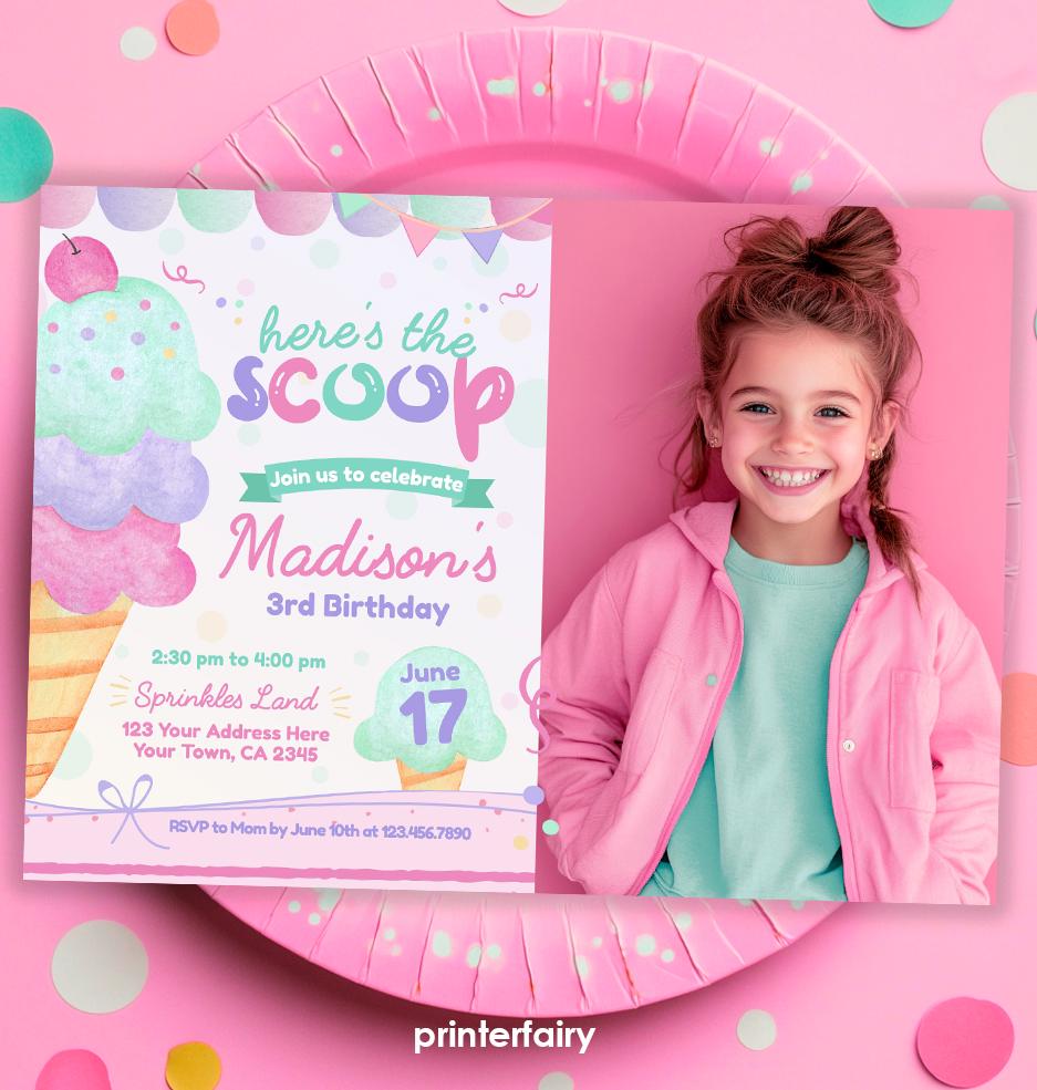 Ice Cream Birthday Invitation, Photo Editable Template (Instant Download)