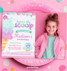 Ice Cream Birthday Invitation, Photo Editable Template (Instant Download)