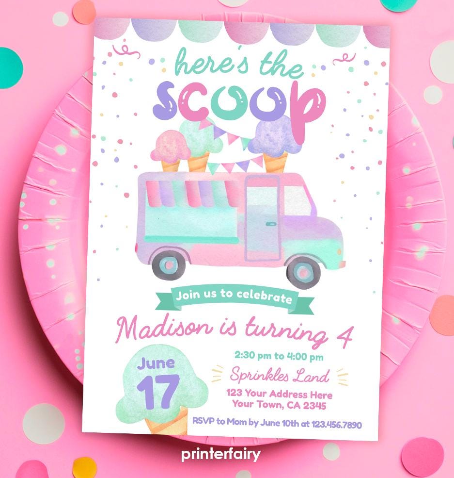 Ice Cream Truck Birthday Invitation, Editable Template (Digital Download)