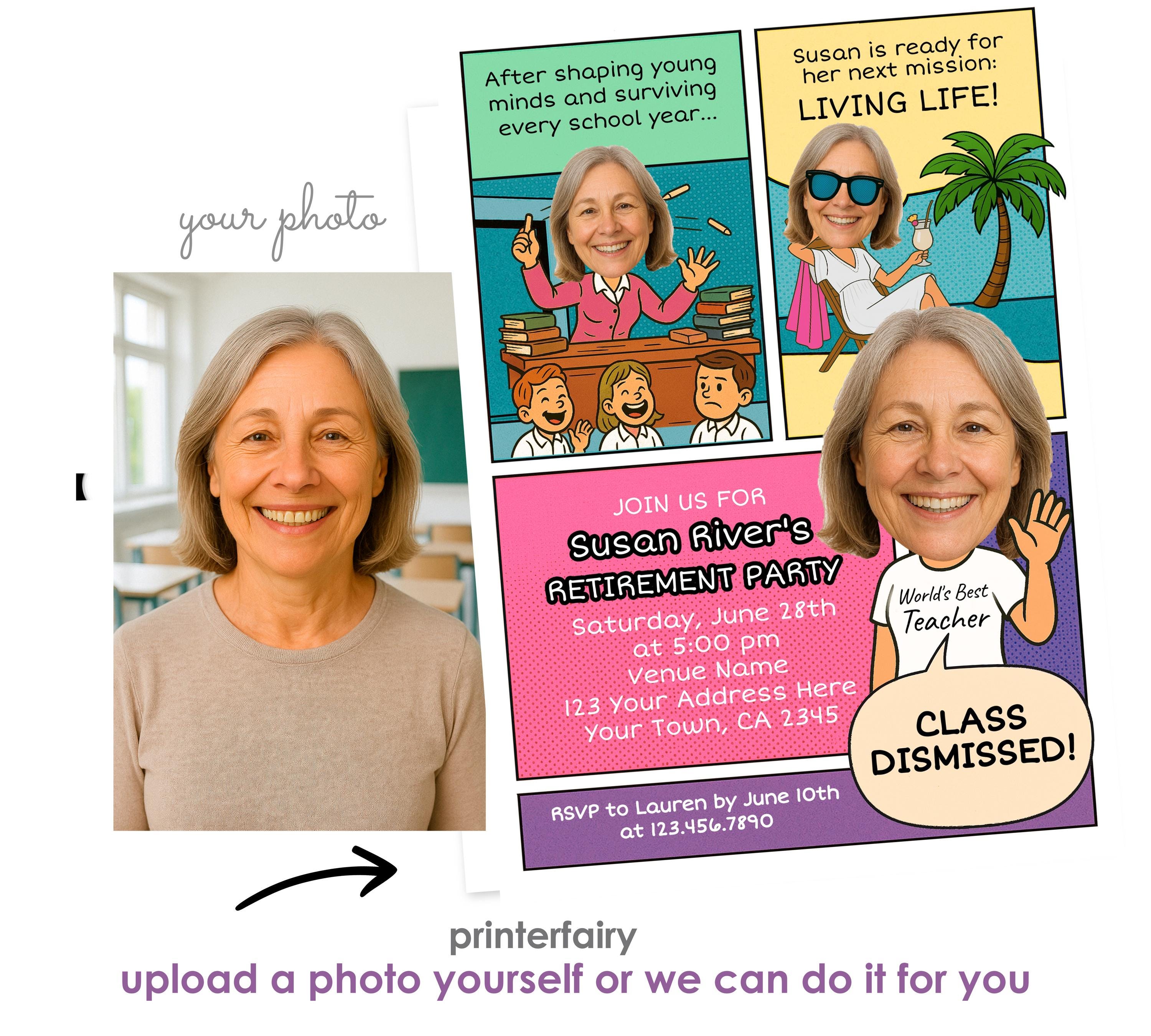 Comic Teacher Retirement Party Invitation, Photo Template (Instant Download)