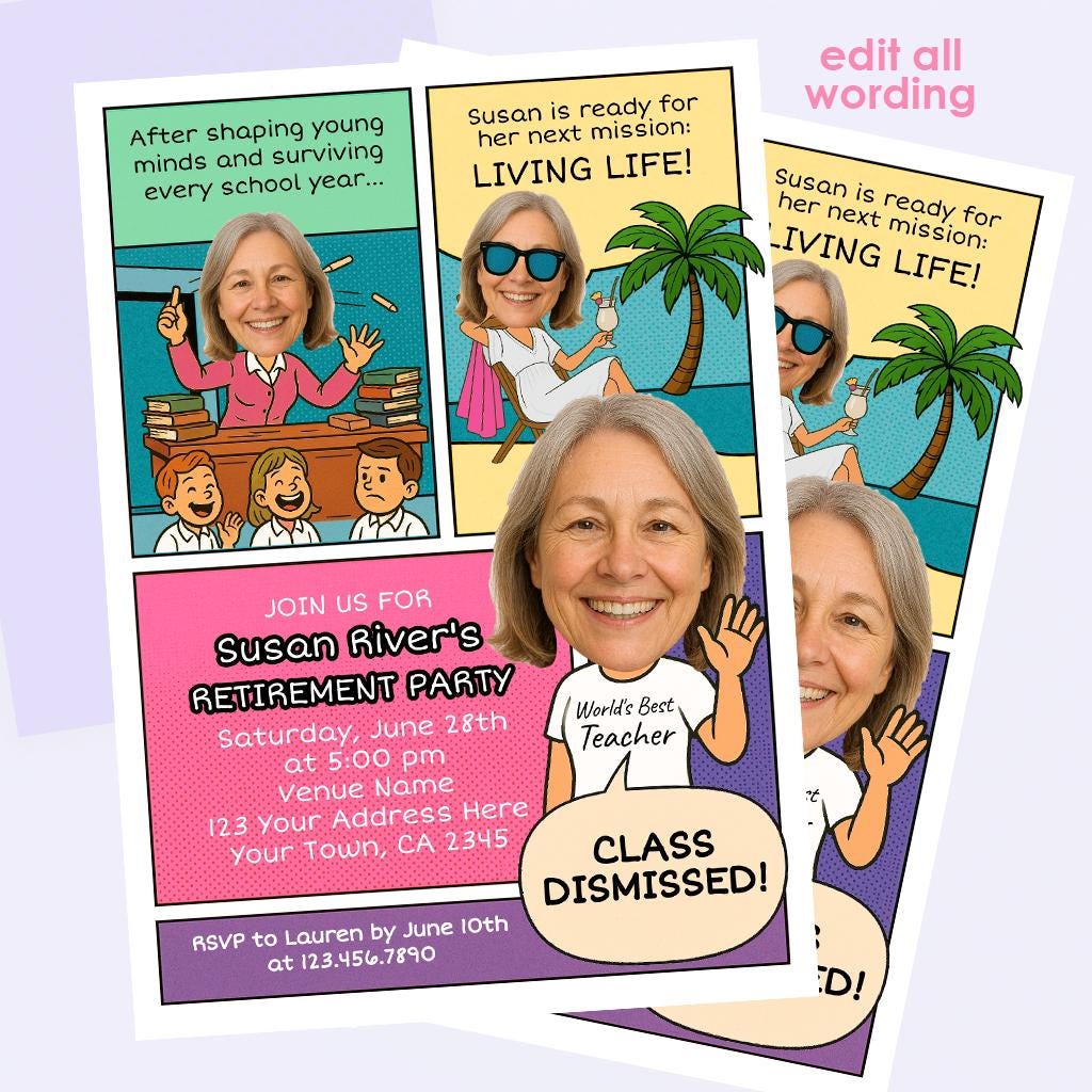 Comic Teacher Retirement Party Invitation, Photo Template (Instant Download)