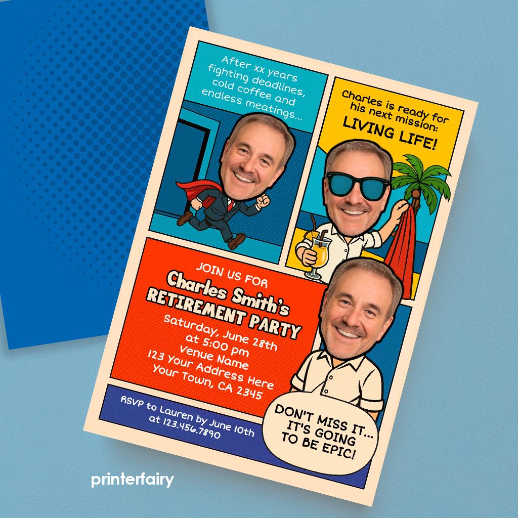 Comic Book Retirement Party Invitation, Photo Template (Digital Download)