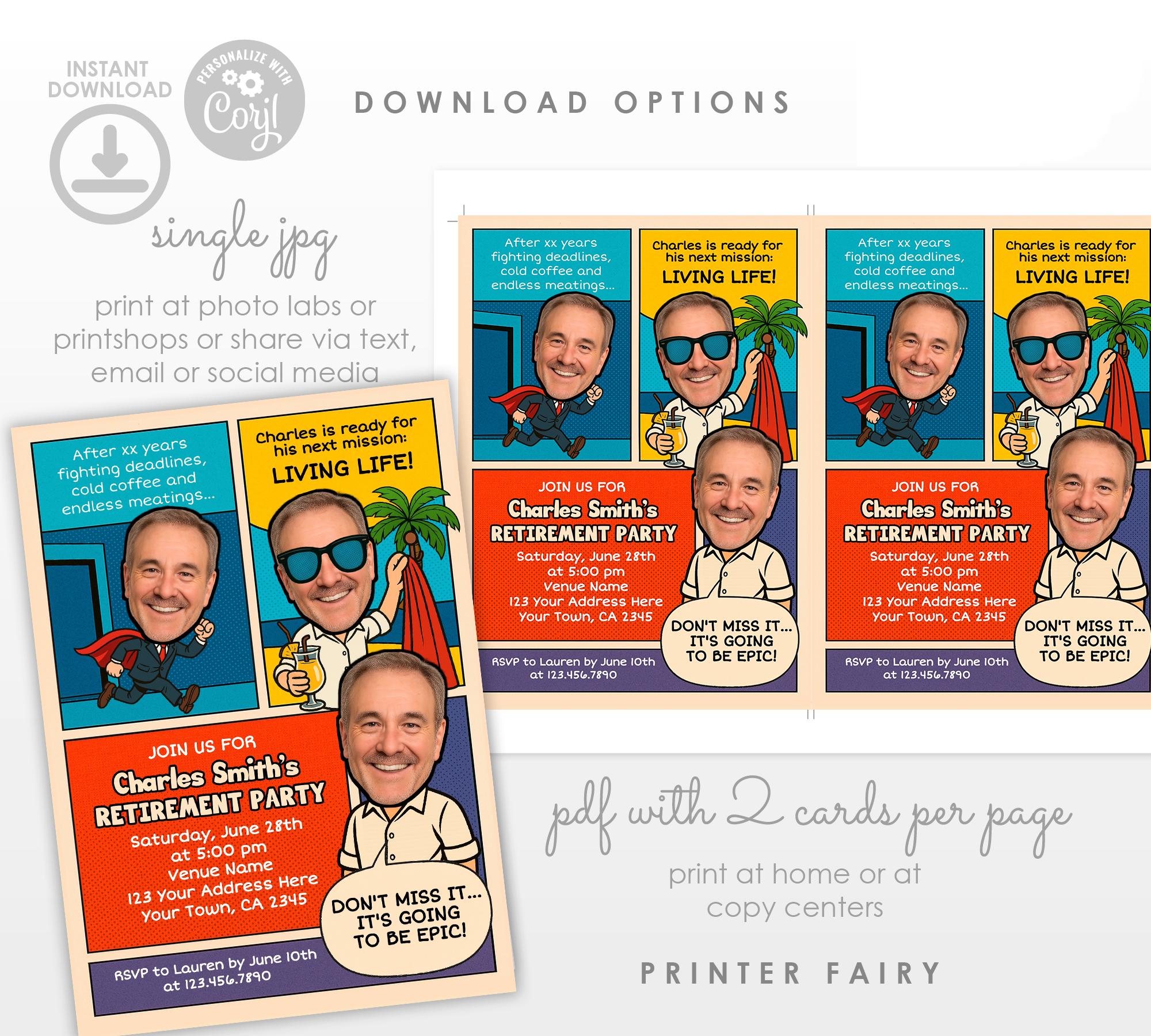 Comic Book Retirement Party Invitation, Photo Template (Digital Download)